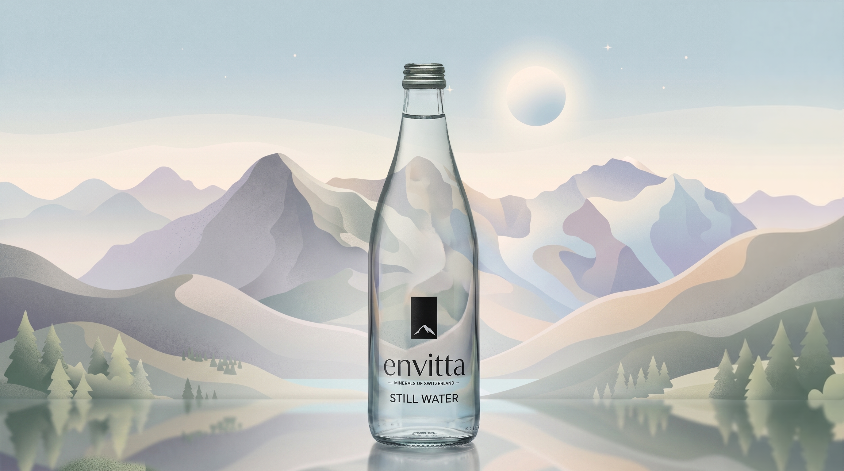 envitta premium mineral water bottle against a Swiss alpine landscape
